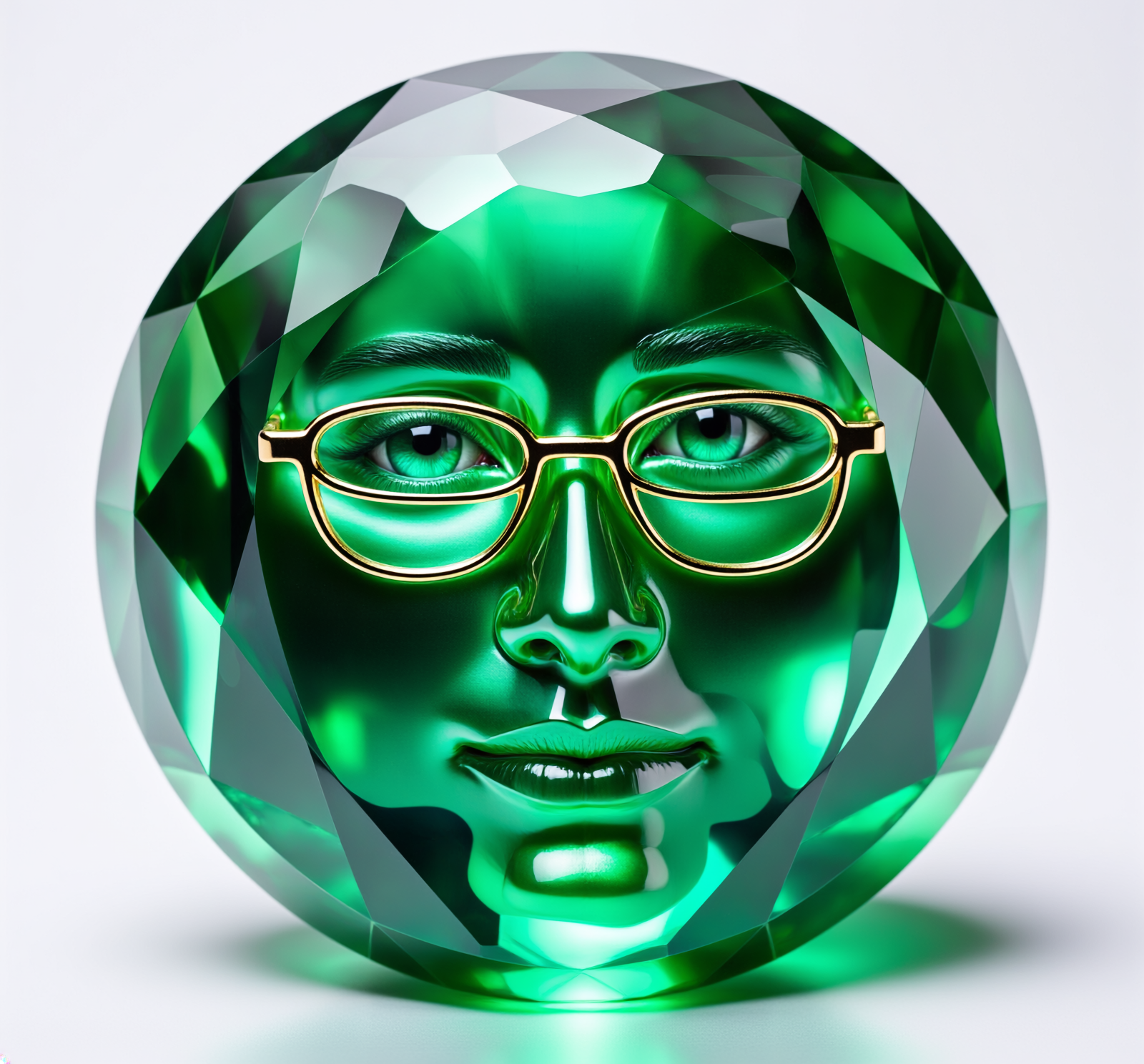 Firefly_emerald  gem sculpture of THE FACE, with glasses, caustic l 634131
